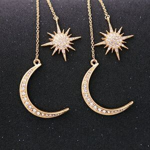 Stunning Crystal Dangle Moon & Star Gold Celestial Sparkly Drop Earrings
